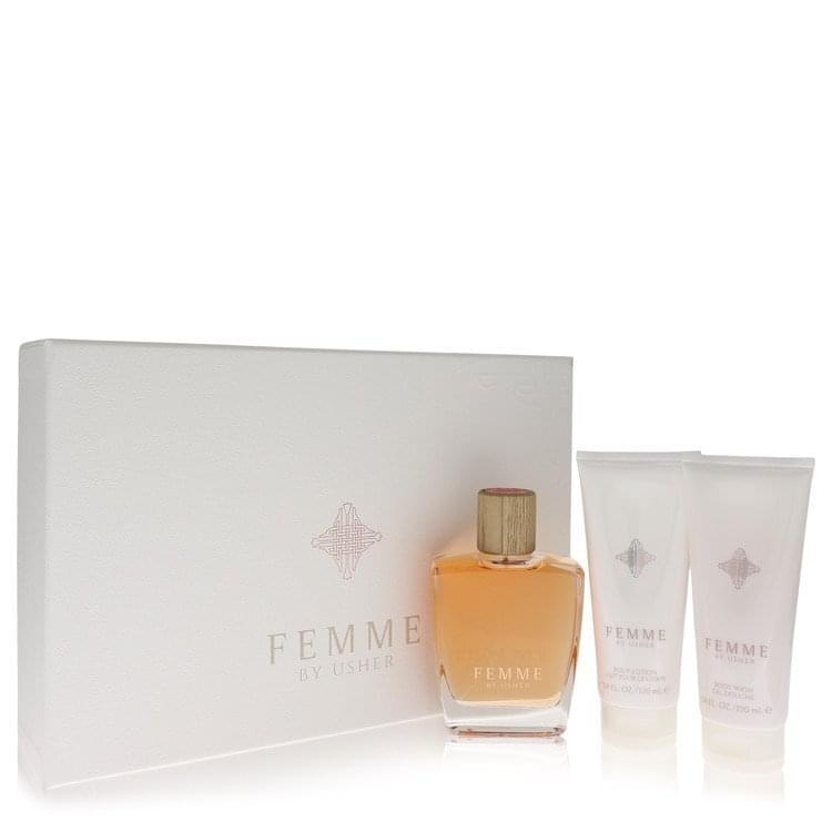 Usher Femme by Usher Gift Set -- 3.4 oz Eau De Parfum Spray + 3.4 oz Body Lotion + 3.4 oz Shower Gel (Women).